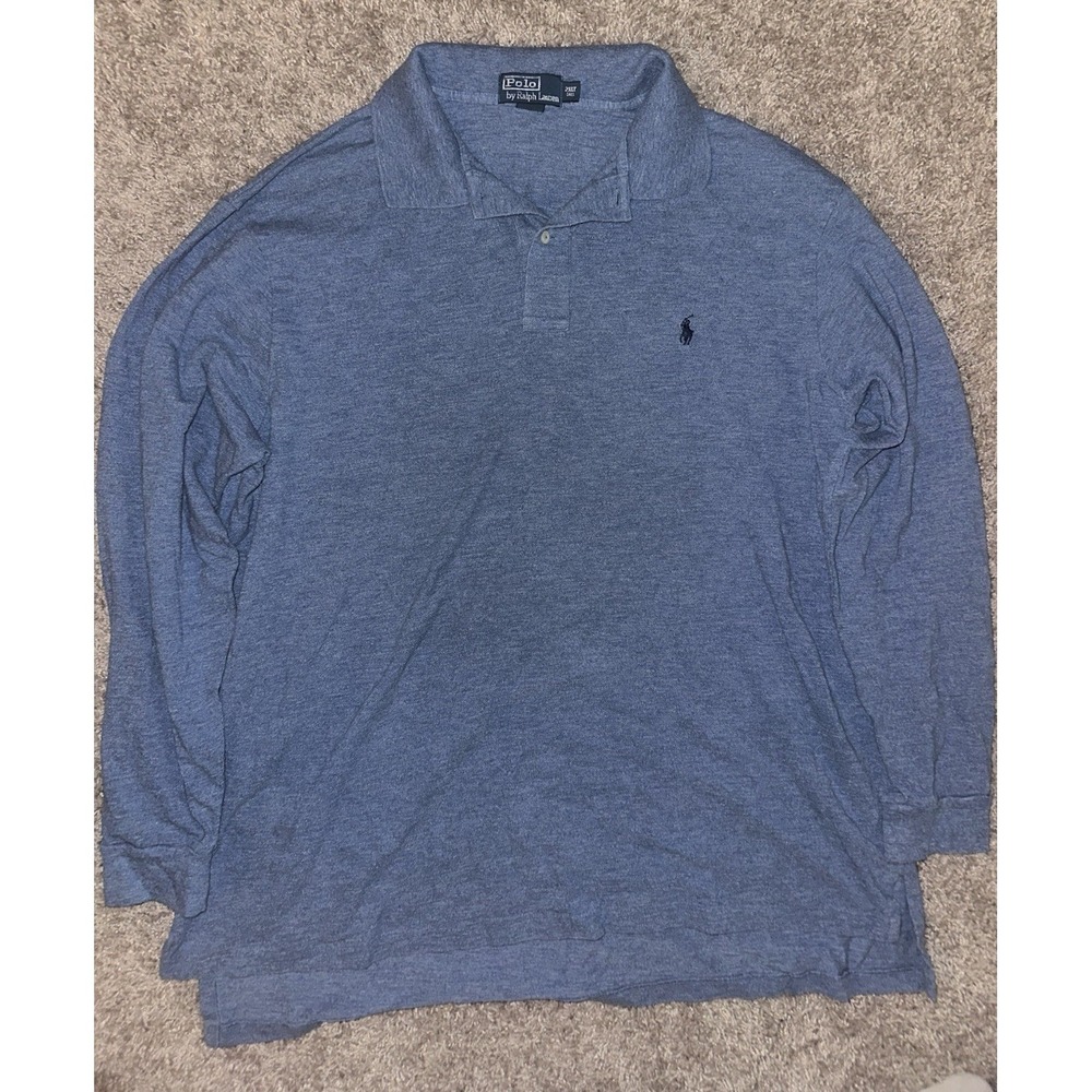 Polo Ralph Lauren Men's 2XLT Big & Tall Blue Solid Polo LS Collared Logo Preppy